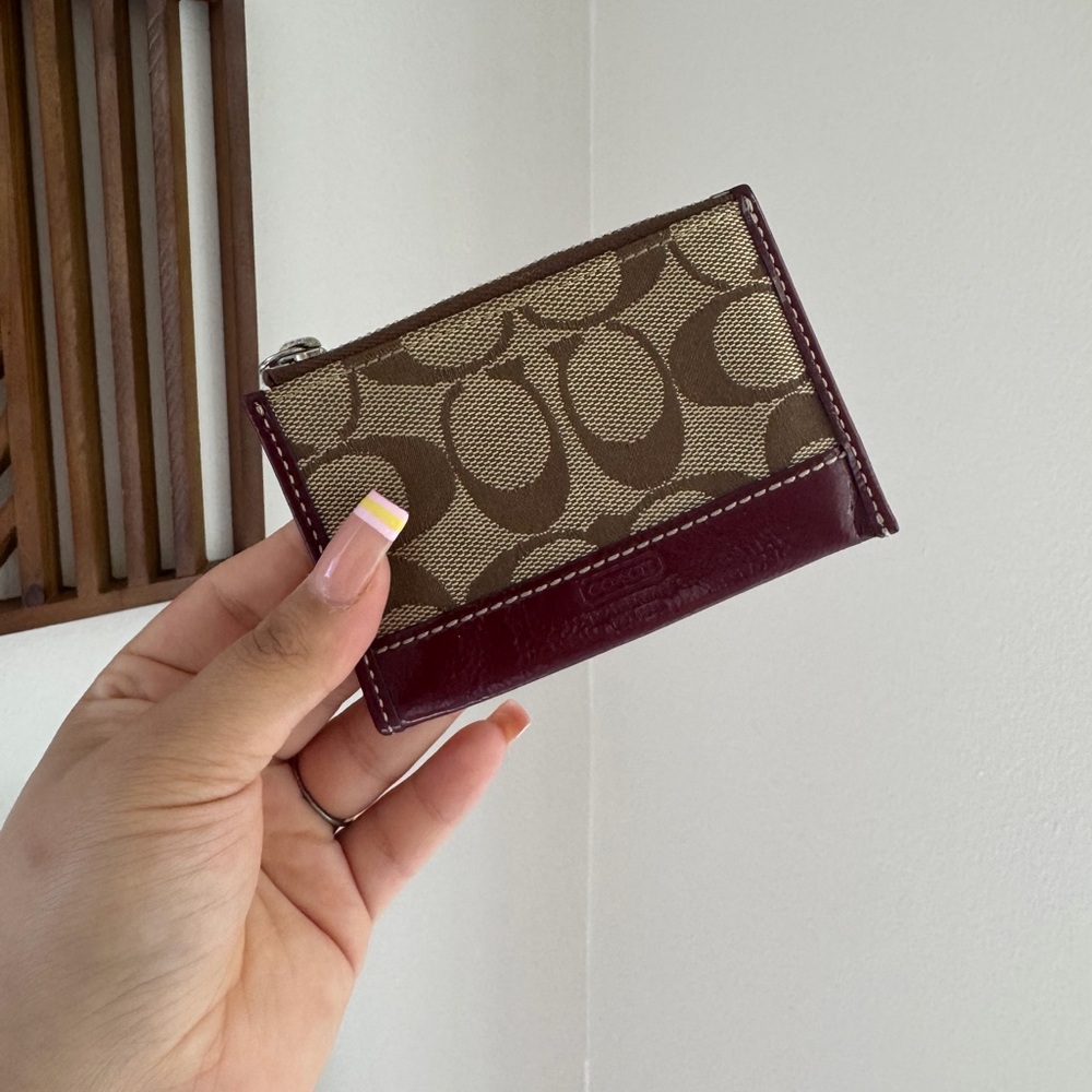 Coach Khaki Canvas Card Case with Burgundy Trim